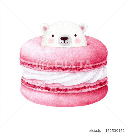 Cute watercolor illustration of pink macaron with white cream filling and small bear face peeking out, evoking sweet and festive christmas feeling Cute watercolor illustration of pink macaron with white cream filling and small bear face peeking out, evoking sweet and festive christmas feeling 132530151