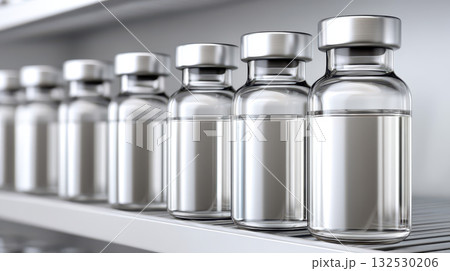 Pharmaceutical glass vials with clear liquid arranged in row on shelf representing drug development and medical research in laboratory environment with clean background 132530206