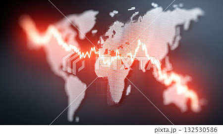Economic slowdown reflected in global data trend with sharp decline line over world map symbolizing financial challenges and market instability in international economy 132530586