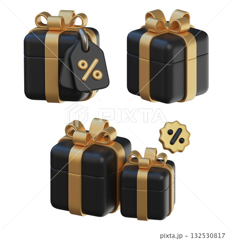 cartoon style black friday black gift box with discount tag for sale 3D graphic 132530817