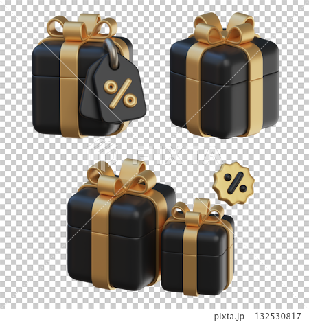 cartoon style black friday black gift box with discount tag for sale 3D graphic 132530817