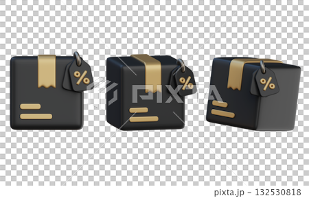 cartoon style black friday black Package Box with discount tag 3D graphic cartoon style black friday black Package Box with discount tag 3D graphic 132530818