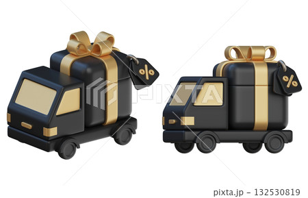 cartoon style black friday Black Delivery Trucks with Golden Gift Boxes and Discount Tags 3D graphic cartoon style black friday Black Delivery Trucks with Golden Gift Boxes and Discount Tags 3D graphic 132530819
