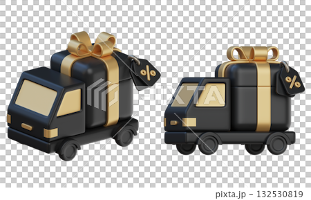 cartoon style black friday Black Delivery Trucks with Golden Gift Boxes and Discount Tags 3D graphic 132530819