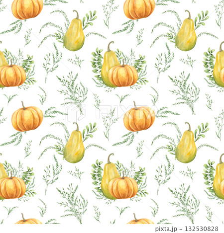 Watercolor seamless pattern of pumpkins among green meadow grasses and ears on isolated background. Hand drawn autumn orange green ornate in rustic style. Fall illustration for harvest festival design 132530828