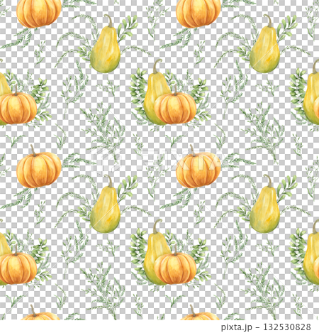 Watercolor seamless pattern of pumpkins among green meadow grasses and ears on isolated background. Hand drawn autumn orange green ornate in rustic style. Fall illustration for harvest festival design 132530828