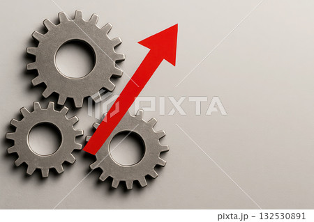 Growth concept with metal gear and red arrow symbolizing business strategy success and progress in industrial and corporate development Growth concept with metal gear and red arrow symbolizing business strategy success and progress in industrial and corporate development 132530891