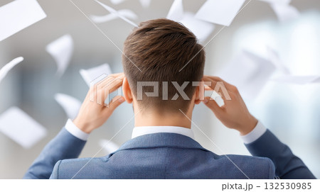 Man in blue suit experiences mental stress at work with papers flying around him, highlighting challenges of maintaining mental health in busy office environment 132530985