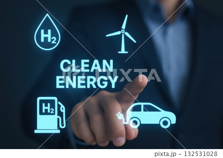 Clean energy concept with smart grid icons including hydrogen fuel, wind turbine, and electric car charging symbol representing sustainable power solutions for future 132531028