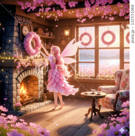 ​暖炉のあるリビングで花輪を飾るピンクの妖精 / 癒やしのファンタジーな室内 132531068