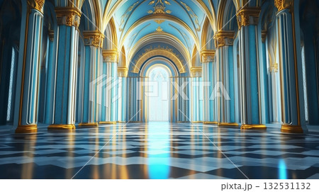 Grand palace blue interior of a historic hall with intricate designs and vibrant colors 132531132