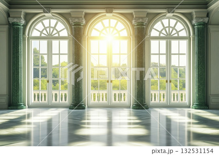 Sunlight illuminates green grand hall through large windows in palace or castle, surrounded by lush greenery 132531154