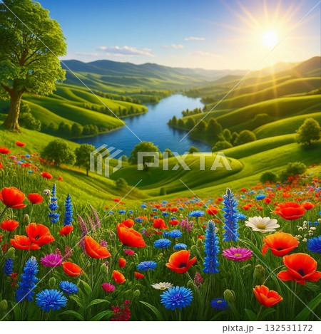夕日に照らされる丘の花畑 夕日に照らされる丘の花畑 132531172