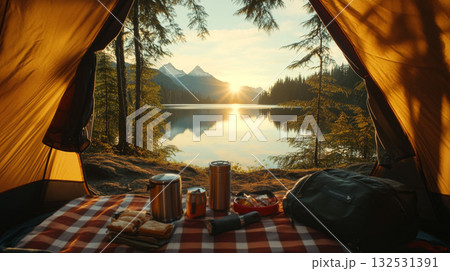Cozy Camping Breakfast by a Scenic Lakeside at Sunrise Cozy Camping Breakfast by a Scenic Lakeside at Sunrise 132531391