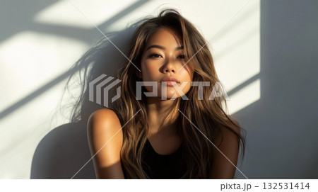 Portrait of a woman with long hair in dramatic light and shadows Portrait of a woman with long hair in dramatic light and shadows 132531414