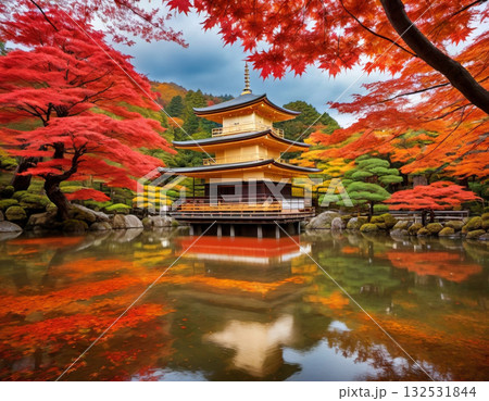 秋の紅葉に染まる金閣寺 132531844