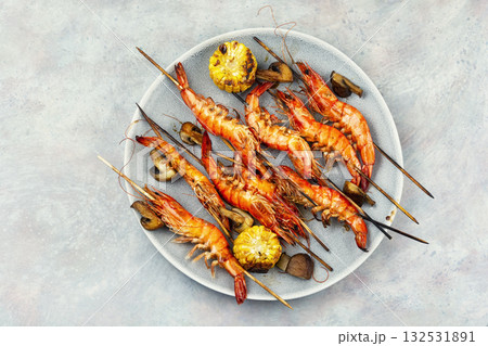 Grilled langoustines on skewers. Grilled langoustines on skewers. 132531891