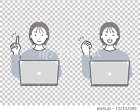 A young woman operating a computer (explanation, fist pump) 132532080