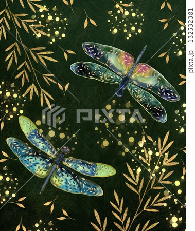 Golden Dragonflies and Leaves on Dark Emerald Background. Luxury Illustration 132532381