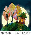 Cozy Fairy Tale Cottage on a Hill Under the Full Moon. Digital Collage Illustration 132532384
