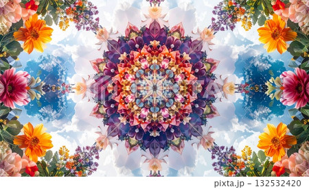 【AI生成画像】イラスト　万華鏡風左右対称の幾何学模様素材 132532420