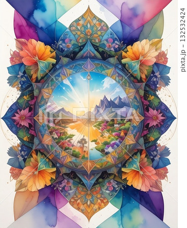 【AI生成画像】イラスト　万華鏡風左右対称の幾何学模様素材 132532424