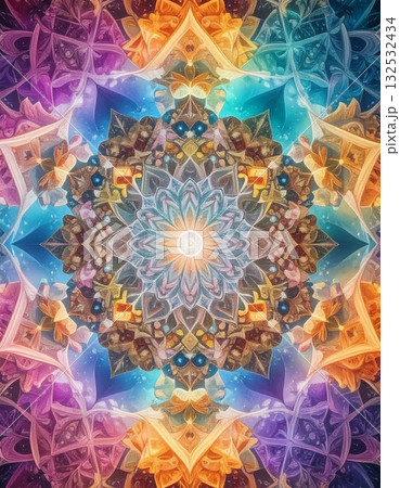 【AI生成画像】イラスト　万華鏡風左右対称の幾何学模様素材 132532434