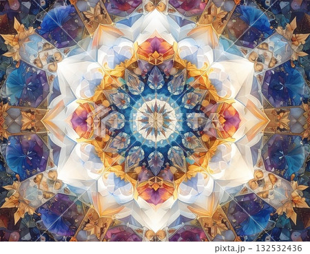 【AI生成画像】イラスト　万華鏡風左右対称の幾何学模様素材 132532436