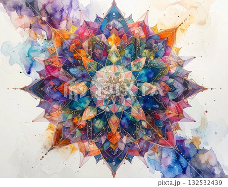 【AI生成画像】イラスト　万華鏡風左右対称の幾何学模様素材 132532439