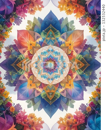 【AI生成画像】イラスト　万華鏡風左右対称の幾何学模様素材 132532440