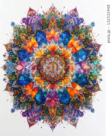 【AI生成画像】イラスト　万華鏡風左右対称の幾何学模様素材 132532448