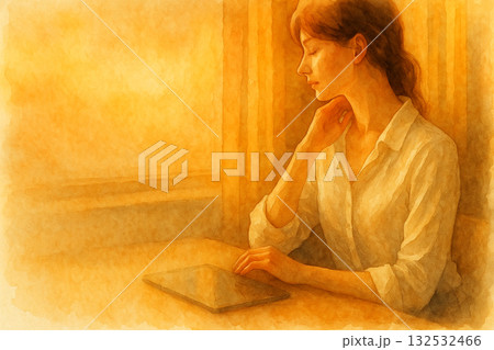 秋の午後、やわらかな光に包まれる女性のシルエット 132532466