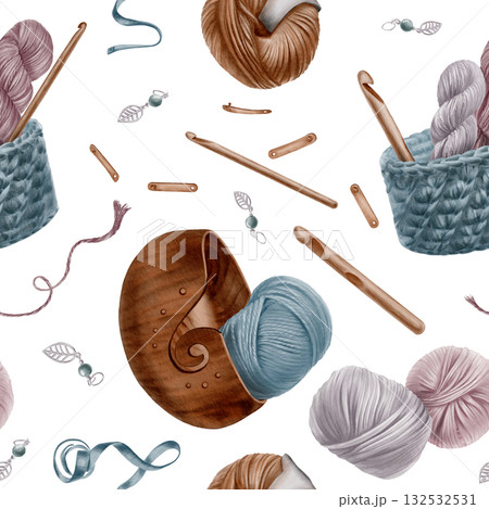 Seamless pattern dedicated to the hobby of crochet,featuring accessories like hook,woven and wooden basket,yarn balls,measuring tape,product tags and stitch markers.Hand drawn watercolor illustration 132532531