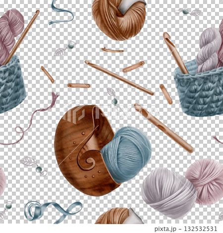 Seamless pattern dedicated to the hobby of crochet,featuring accessories like hook,woven and wooden basket,yarn balls,measuring tape,product tags and stitch markers.Hand drawn watercolor illustration 132532531