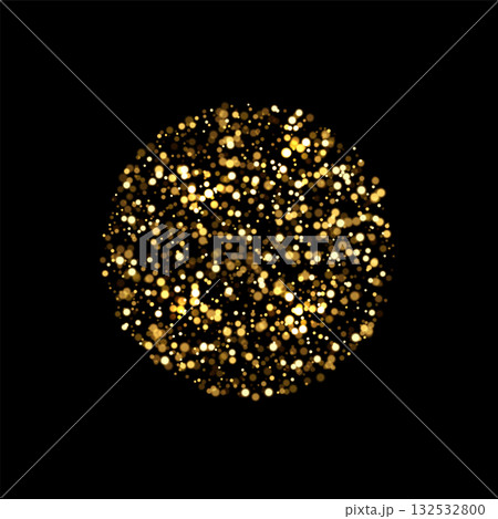 Glowing golden glitter sphere. Abstract circular shape made of scattered sparkling particles on black background. Vector illustration with festive bokeh light effect and luxury celebration design Glowing golden glitter sphere. Abstract circular shape made of scattered sparkling particles on black background. Vector illustration with festive bokeh light effect and luxury celebration design 132532800