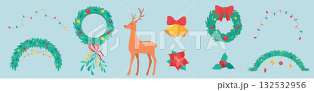 Christmas house door decor set. Traditional Xmas outdoors winter home decoration with wreath, garland, deer. Flat vector illustration isolated on blue background Christmas house door decor set. Traditional Xmas outdoors winter home decoration with wreath, garland, deer. Flat vector illustration isolated on blue background 132532956