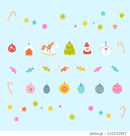 Christmas tree ornaments set. New year decoration collection isolated on blue background. Colorful Xmas balls, garland, candy. Vector pattern for season greetings, card, social banner Christmas tree ornaments set. New year decoration collection isolated on blue background. Colorful Xmas balls, garland, candy. Vector pattern for season greetings, card, social banner 132532957