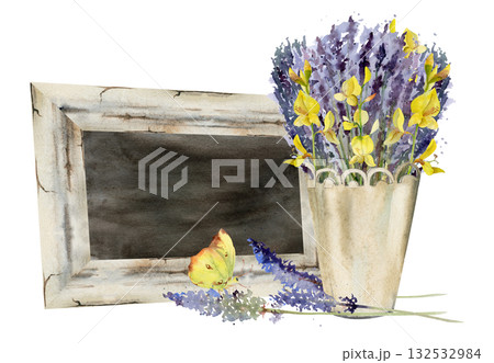 Framed blackboard sign with wild lavandula and Spanish broom bouquet in metal cachepot, butterfly insect. Isolated illustration hand drawn in watercolor. Lavender shop, farm display, greeting card. 132532984