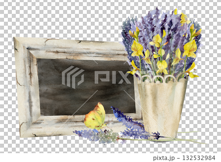 Framed blackboard sign with wild lavandula and Spanish broom bouquet in metal cachepot, butterfly insect. Isolated illustration hand drawn in watercolor. Lavender shop, farm display, greeting card. 132532984