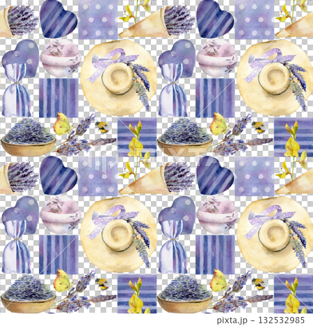 Lavender lavandula seeds, flower stalks, bouquet in craft paper wrap, sachet bag, rustic hearts and fabric pieces with dots and stripes. Hand drawn in watercolor, Provence patchwork seamless pattern. Lavender lavandula seeds, flower stalks, bouquet in craft paper wrap, sachet bag, rustic hearts and fabric pieces with dots and stripes. Hand drawn in watercolor, Provence patchwork seamless pattern. 132532985