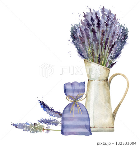 Rustic jug with lavender bouquet, single lavandula flowers, scented sachet potpourri striped bag. Isolated illustration hand drawn in watercolor. Country decor, garden handmade gift, aromatherapy spa Rustic jug with lavender bouquet, single lavandula flowers, scented sachet potpourri striped bag. Isolated illustration hand drawn in watercolor. Country decor, garden handmade gift, aromatherapy spa 132533004