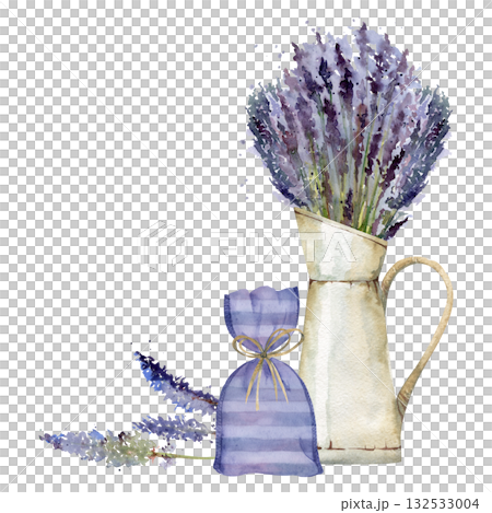 Rustic jug with lavender bouquet, single lavandula flowers, scented sachet potpourri striped bag. Isolated illustration hand drawn in watercolor. Country decor, garden handmade gift, aromatherapy spa Rustic jug with lavender bouquet, single lavandula flowers, scented sachet potpourri striped bag. Isolated illustration hand drawn in watercolor. Country decor, garden handmade gift, aromatherapy spa 132533004