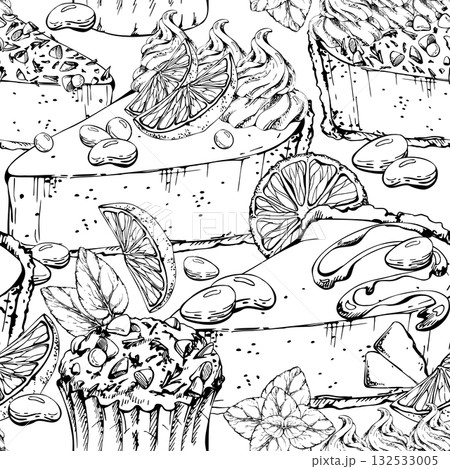Citrus cheesecake with mousse swirl, crushed nuts, and chocolate-chip orange muffin. Hand drawn in vector ink. Seamless pattern for baking visuals, digital art, product labels, and recipe layouts. 132533005