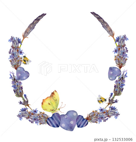 Butterfly on lavender lavandula blossom, decorative heart shapes. Isolated wreath frame illustration hand drawn in watercolor. Organic product label, Provence stationery element, wildflower branding. 132533006