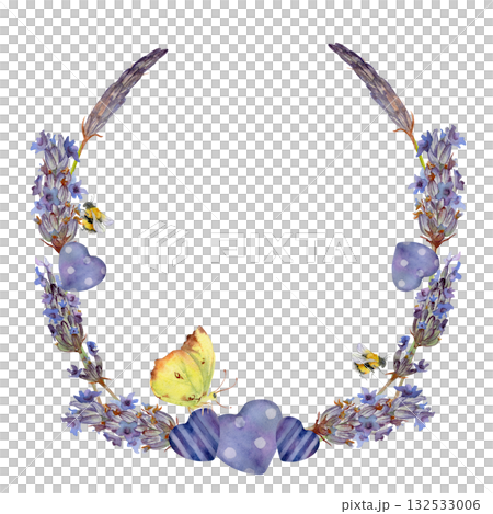 Butterfly on lavender lavandula blossom, decorative heart shapes. Isolated wreath frame illustration hand drawn in watercolor. Organic product label, Provence stationery element, wildflower branding. 132533006