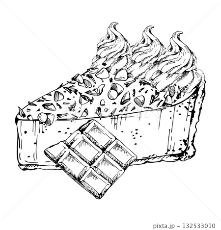 Truffle torte slice, chocolate fudge cheesecake with whipped cream topping, meringue swirls, cocoa nib garnish. Vector ink hand drawn artwork. Recipe layouts, package visuals, social media designs. 132533010