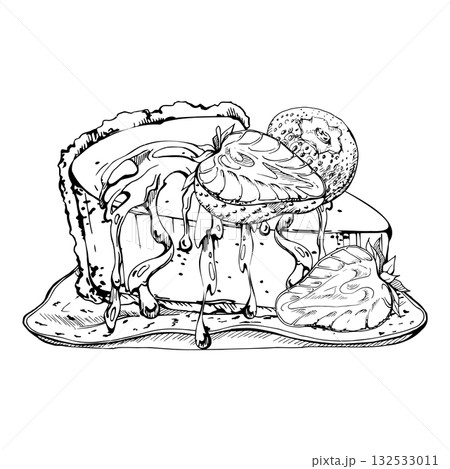 Cheesecake garnished with sliced strawberries and rich melted chocolate drizzle on ceramic plate, hand drawn in vector ink. Recipe e-book illustrations, patisserie or cafe branding, artisanal dessert 132533011