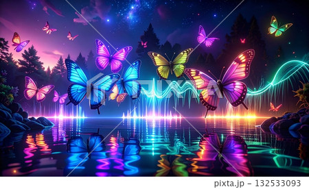Bright butterflies and colorful flowers with a glowing star pattern create a vibrant, abstract background illustration Bright butterflies and colorful flowers with a glowing star pattern create a vibrant, abstract background illustration 132533093