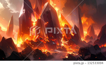 Red and orange flames and smoke on a dark background. 132533094