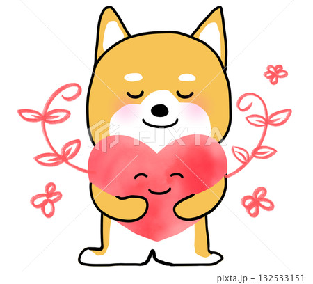 芽が伸びるピンクのハートを抱きしめるしばいぬ 132533151